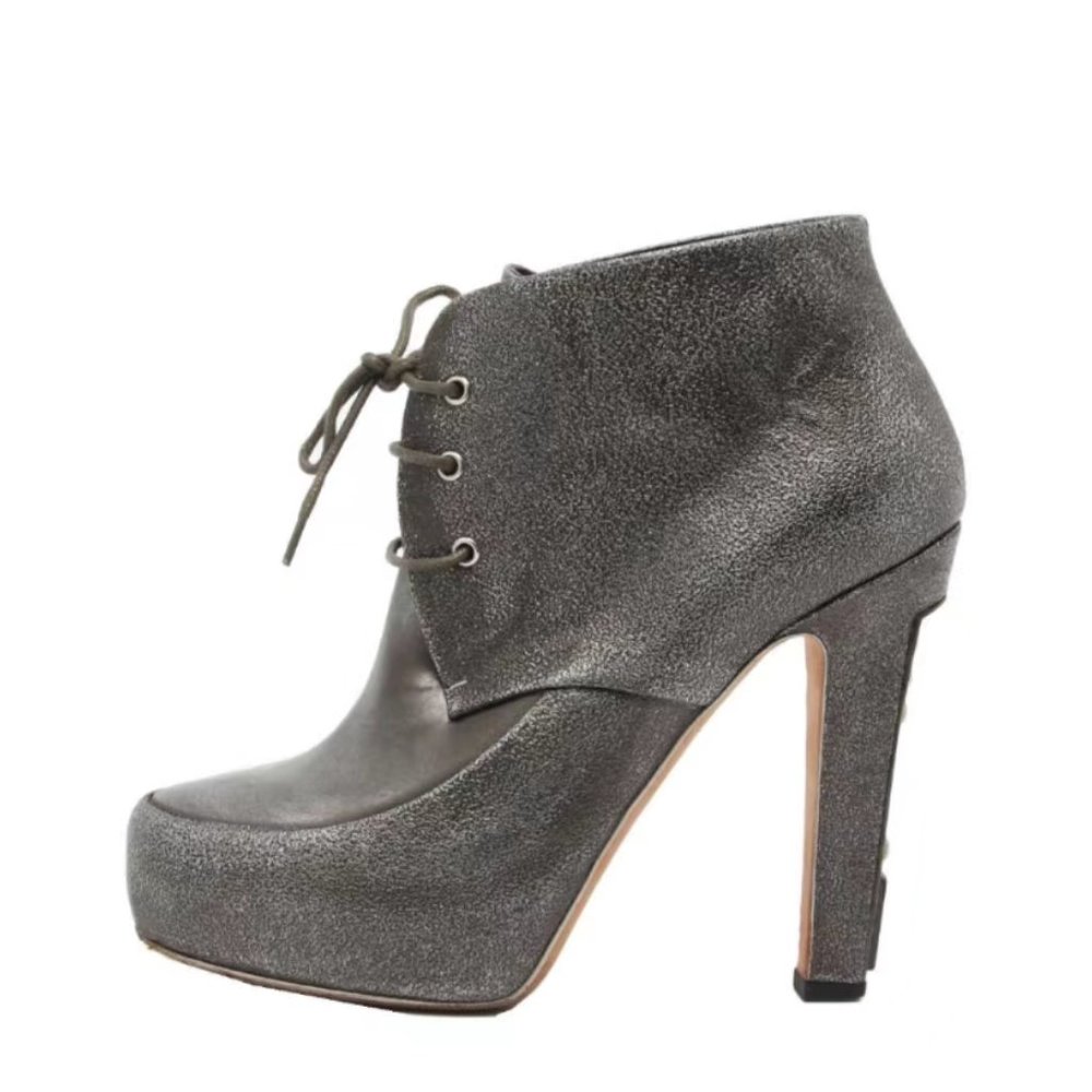 Chanel Grey Textured Lace up High Heel Platform Booties with Metal Detail 38.5